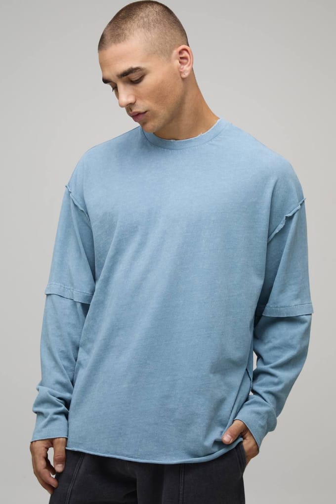 Oversized Gewassen Zwaargewicht Zichtbare Naden Faux Laag T-Shirt | Dusty Blue | Size Medium