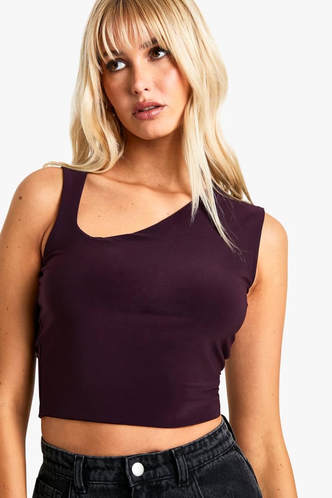 boohoo Dames Slinky Asymmetrische Halsloze Top | Plum | Maat: 14