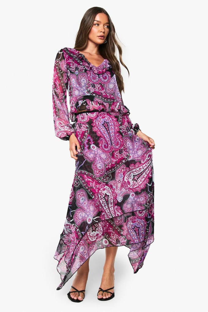 boohoo Dames Paisley Chiffon Ruffle Blouse | Violet | Maat: 34