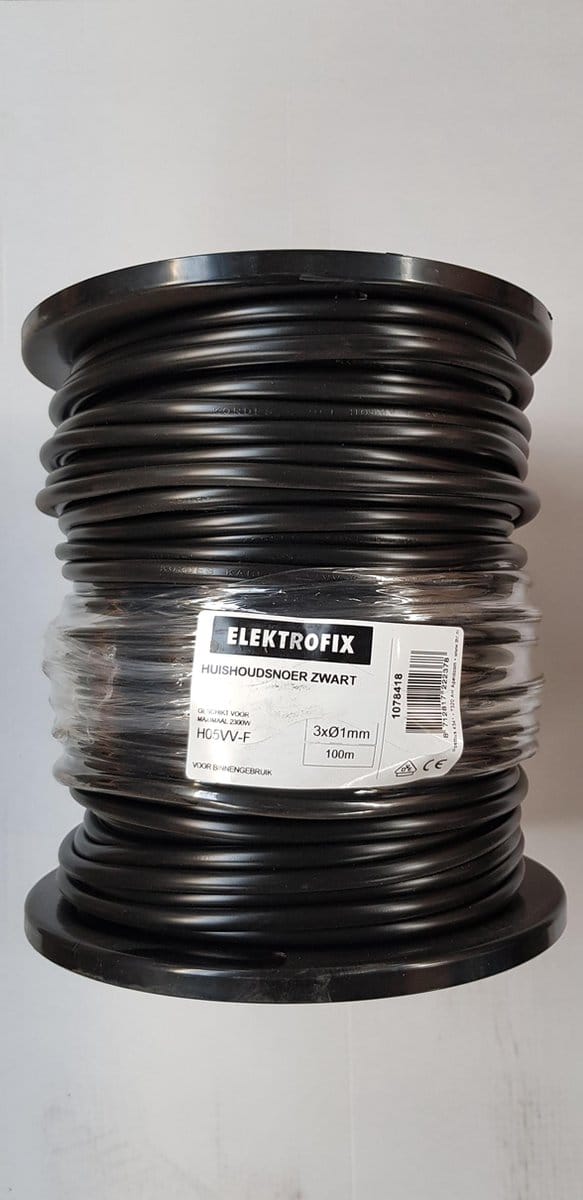 Huishoudsnoer 3x1mm² - rond - zwart - 100 meter