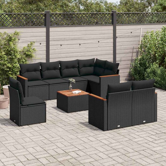 vidaXL - 9-delige - Loungeset - met - kussens - poly - rattan - zwart