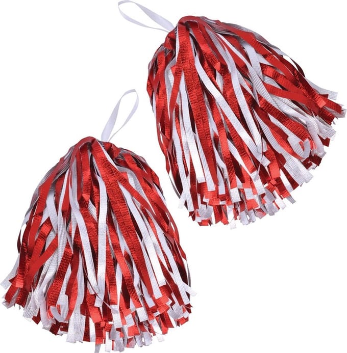 Cheerballs/pompoms - 2x - rood/wit - polyester - Cheerleaders - Cheerleaders verkleed accessoires