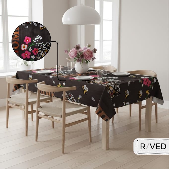 Raved Tafelzeil – 140 cm x 300 cm – Bloemen Zwart – PVC – Afwasbaar