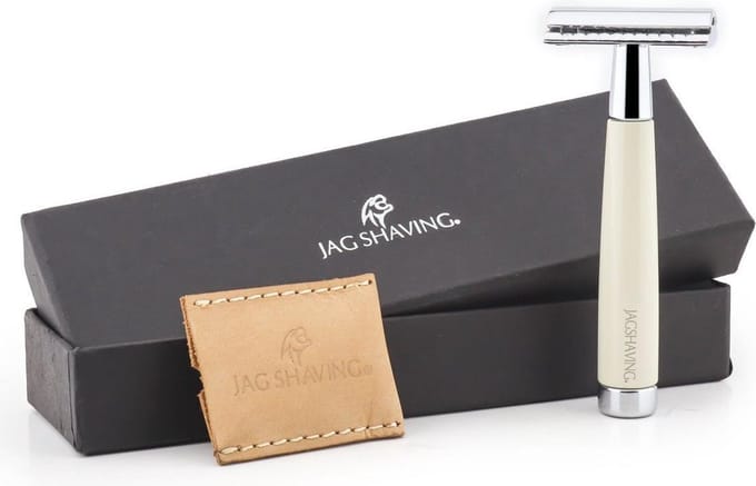 Jag Shaving Dubbele Rand Veiligheidsscheermes - In Lederen Hoes - Wit