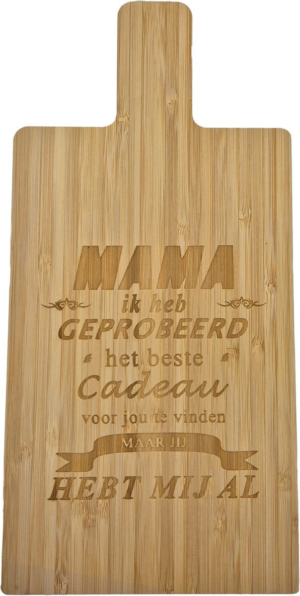 Passie voor stickers Snijplank van Bamboe met gelaserde tekst: Mama ik heb geprobeerd het beste cadeau
