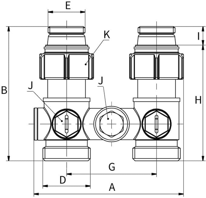 Aansluitmodule voor radiatoren met geïntegreerde ventielen en binnendraad Rp 1/2"