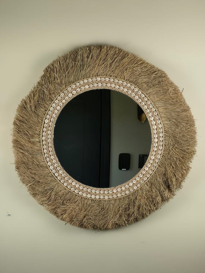 Blitzdeco - Wandspiegel - Melissa - 70cm - Raffia & Cowrie Schelpen - Beige/Wit