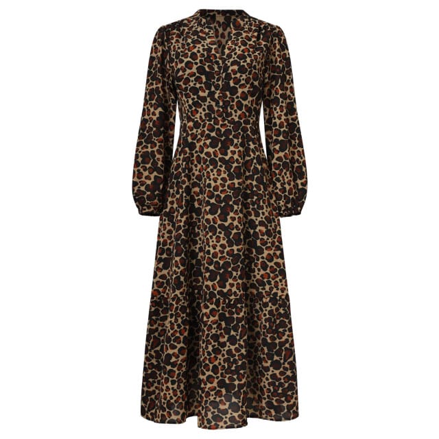 Smashed Lemon Chiffon dierenprint jurk met pofmouwen en v-hals in camel en bruin |