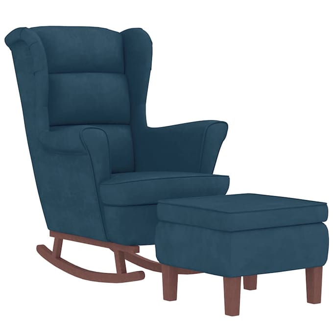 vidaXL - Schommelstoel - met - oorleuning - fluweel - massief - hout - blauw