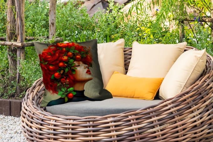 Buitenkussen Weerbestendig - Vrouw - Appels - Rood - Bladeren - 50x50 cm