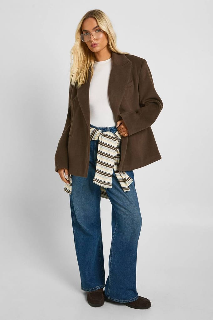 boohoo Dames Op maat gemaakte blazer met wollen look | Mocha | Maat: 12