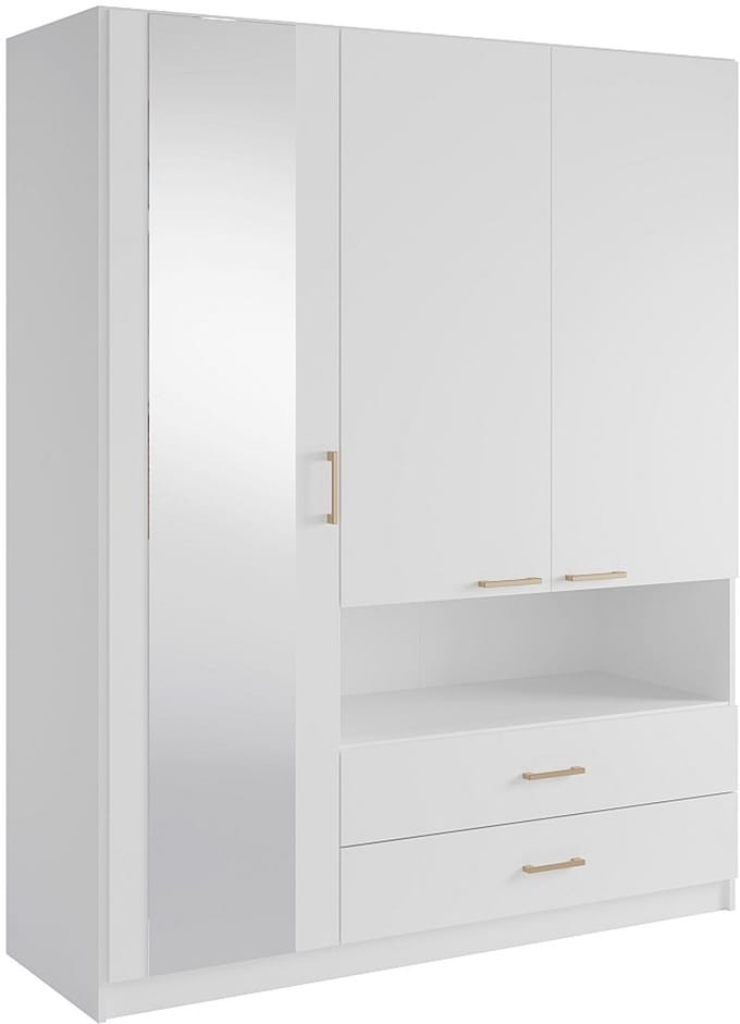 Vente-unique Kledingkast 3 deuren, 2 lades en 1 nis - Met spiegel - B160 cm - Wit - LYRIANO