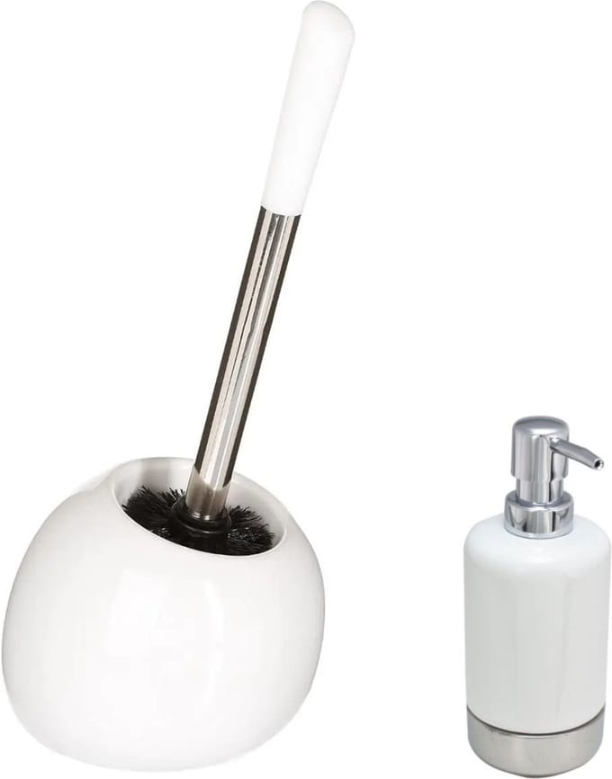 5Five - WC-/toiletborstel in houder - wit/rvs - Zeeppompje 300 ml
