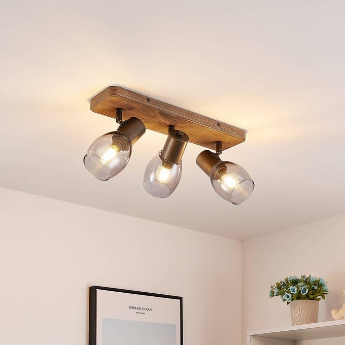 Lindby - buitenspot - 3lichts - hout, metaal, rookglas - H: 18 cm - E14 - hout donker, rookgrijs