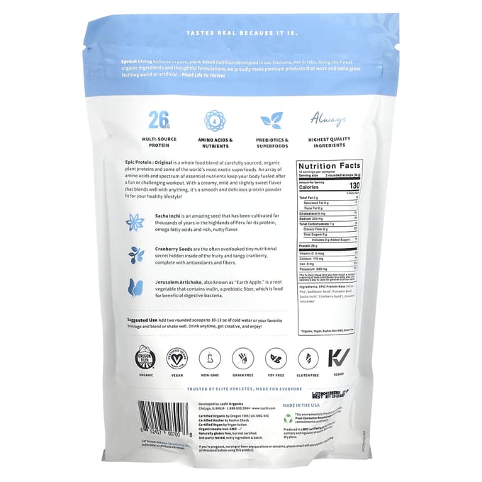 Sprout Living, Epic Protein, Protéine Végétale Bio + Superaliments, Original, 1 lb (455 g)