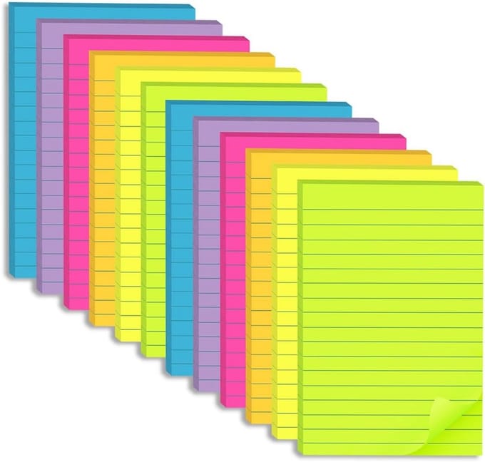 12 Pack Gevoerde Sticky Notes 4x6 inch - Super Plakkracht Helder Kleuren