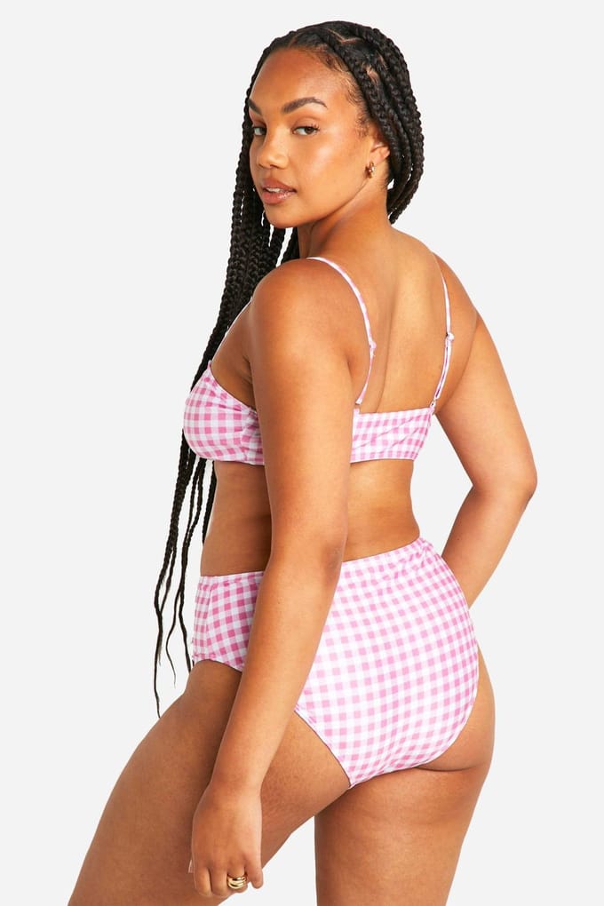 boohoo Dames Plus ruitjesprint high waist bikinislip | Roze | Maat: 56