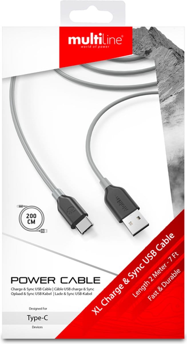 USB-C naar USB-A Kabel - 2 Meter - Fast Charge -Extra Stevig - Geschikt voor Samsung, iPhone, Huawei. Beschikbaar in het kleur grijs.