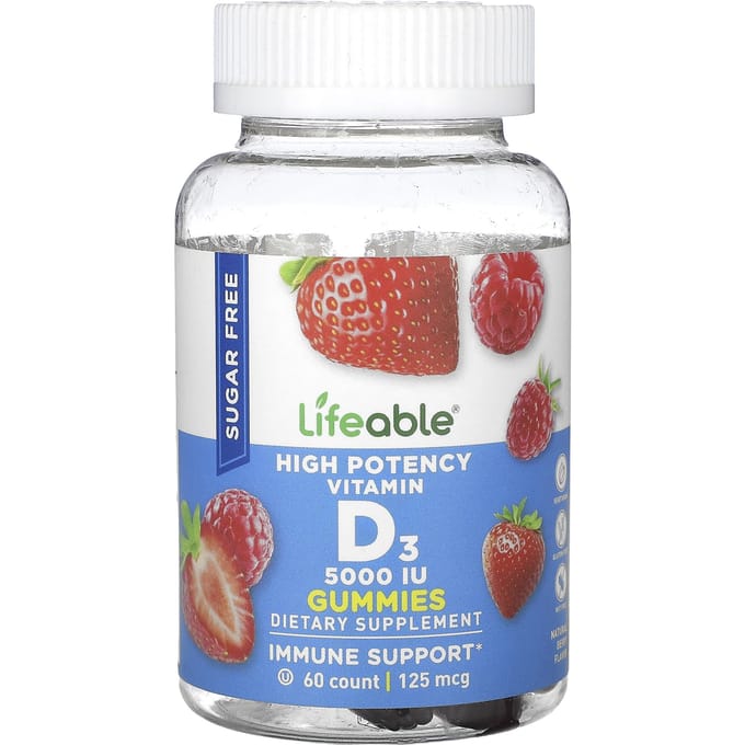 Lifeable, gommes de vitamine D3 à haute puissance, sans sucre, baie naturelle, 125 mcg (5 000 UI), 60 bonbons