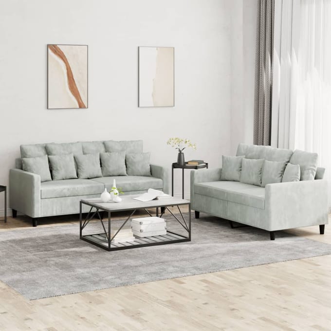 vidaXL - 2-delige - Loungeset - met - kussens - fluweel - lichtgrijs