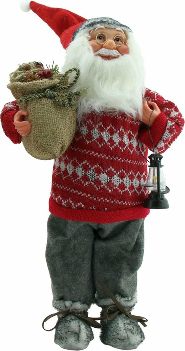 Luxe Afgewerkte Kerst Decoratie Kerstman Staand Grijs/Rood 45cm