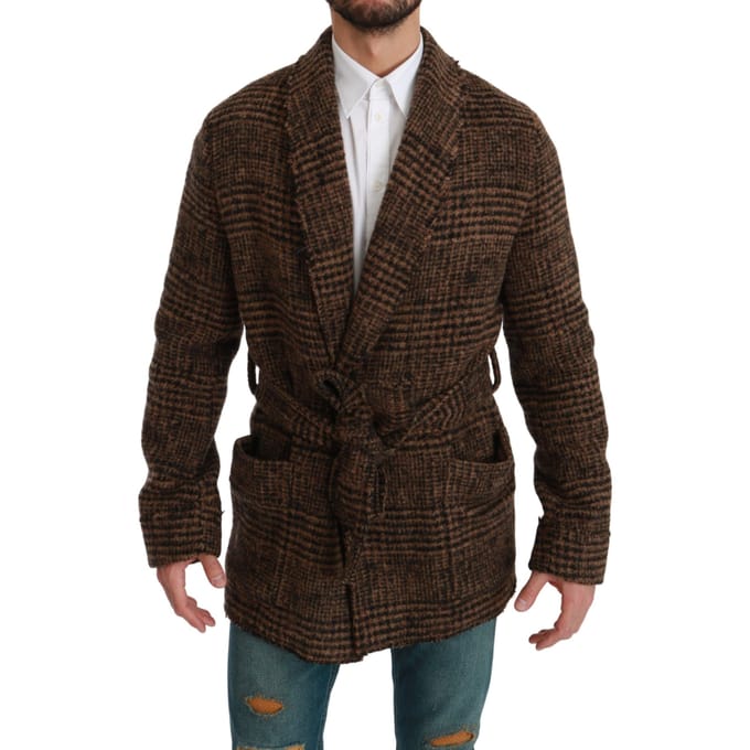 Bruine Geruite Wolmantel Lange Mouwen