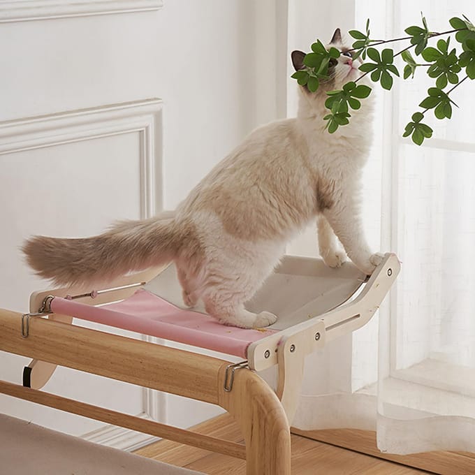 Kattenhangmatbed Houten Frame Sterk Draagvermogen Geventileerde Kattenraamzitstok voor Alle Type A beige