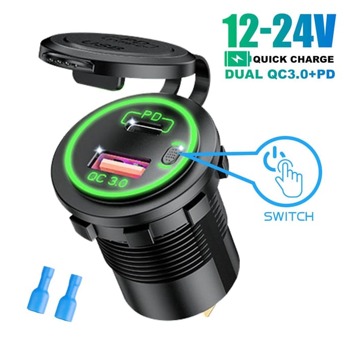 65W QC3.0 USB PD Autolader Socket Waterdicht Snellaadadapter met Aan/Uit Schakelaar voor Auto Motorfiets Boot Marine