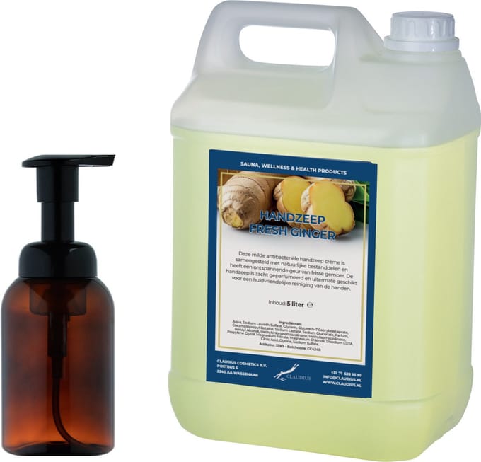 Zeepdispenser 300 ml amber bruin hervulbaar + 5 liter Handzeep Fresh Ginger navulling