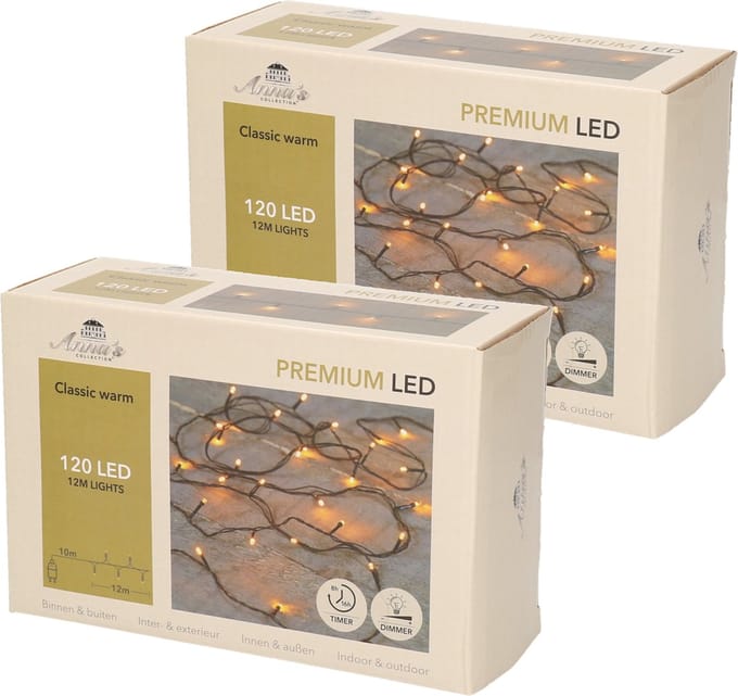 Anna's Collection Kerstverlichting - 2x - 120 LED lampjes - klassiek warm wit - 12 m - lichtsnoer - dimmer - timer - buiten
