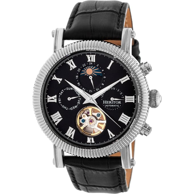 Heritor Automatic Winston Semi-Skelet Horloge met Leren Band - Zilver/Zwart