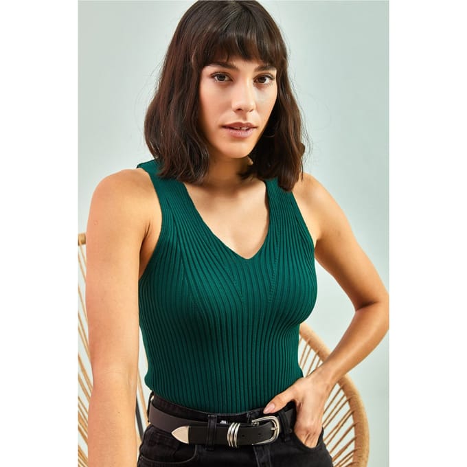 Aangesloten V-hals Geribbelde Cropped Blouse