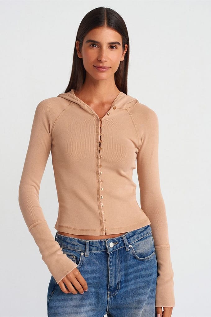 Geribbelde Katoenmix Cropped Hooded Blouse