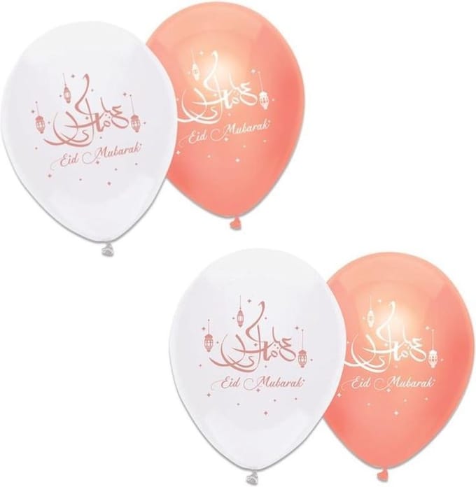 6x stuks Eid Mubarak thema ballonnen wit/roze 30 cm - Suikerfeest/Offerfeest versieringen/decoraties