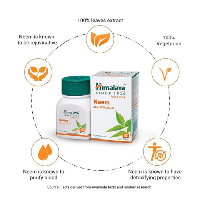 Himalaya 3 x Neem Huid Welzijn Tabletten Voor Een Schone Huid & Detox Ondersteuning, 60 Stuks Elk Kruidensupplement | Totaal 180 Tabletten