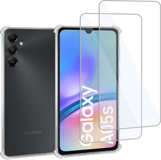Geschikt voor Samsung Galaxy A05s - Hoesje + 2x Screenprotector – Gehard Glas Cover + Shock Proof Case – Transparant