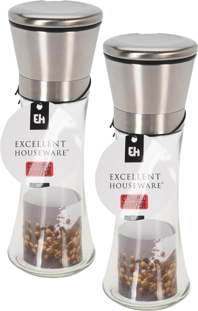 Excellent Houseware Pepermolen en zoutmolen - glas/rvs - Instelbare maalgraad - keramische maler