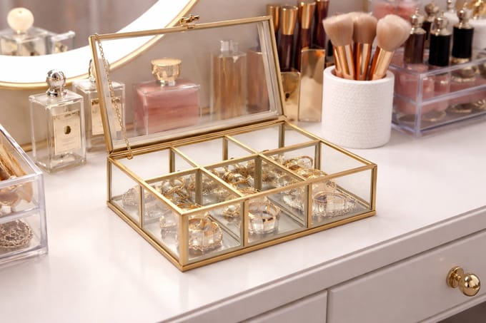 Luxe Glazen Make-up & Sieraden Organizer – Glas & Metaal – Goud- 8.5x16x21.5 cm