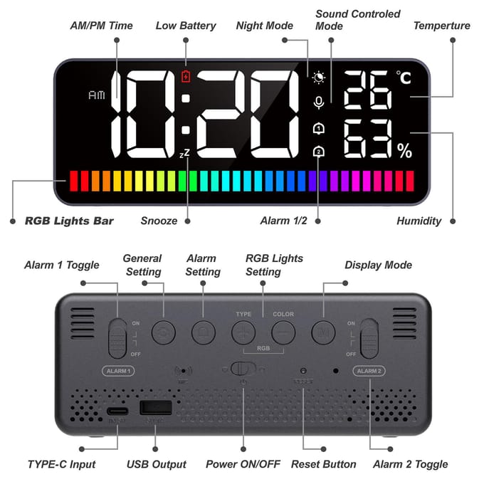 LED Wekker met Ritme Lichtbalk Nachtlampje Digitale Klok Groot Display Temperatuur en zwart