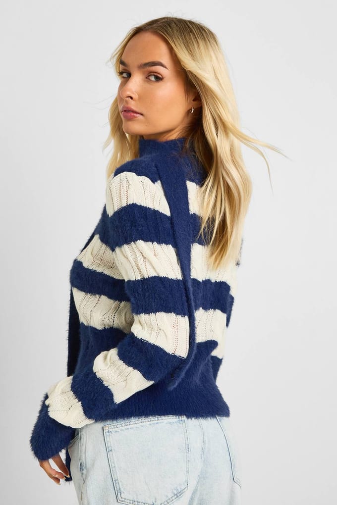 boohoo Dames Superzachte chunky streep V-hals trui en sjaal | Marineblauw | Maat: Medium