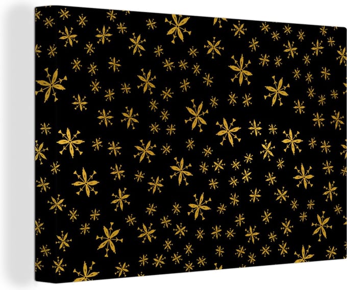Canvas Schilderij Kerst - Sneeuwvlokken - Goud - 120x80 cm - Wanddecoratie
