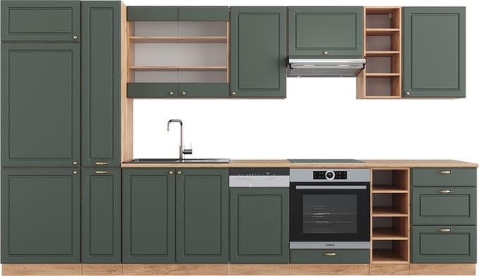 Vicco Fame-Line Complete keukeneenheid – 355 cm, WB Eik Groen-Goud Land/Goud Power Eik