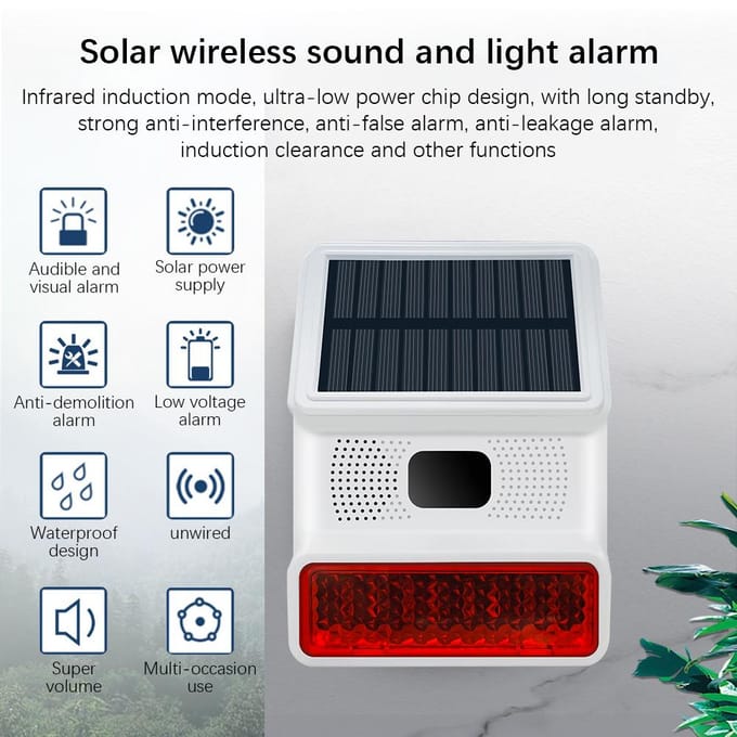 Solar Sound Stroboscoopalarm met 5 afstandsbedieningen Infraroodinductie Anti-interferentie IP65 16.4x12.4x5.9cm wit