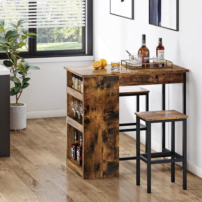 DD Bartafel met Barstoelen - 2 Barkrukken - Bartafelset - 3 Planken - 91 x 50 x 90cm - Bruin