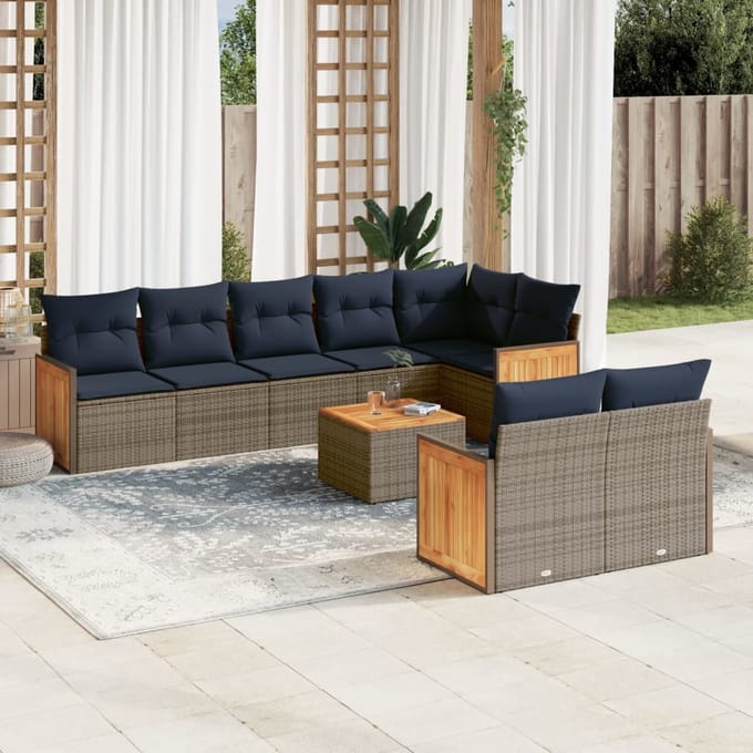 vidaXL - 9-delige - tuinbankset - met - kussens, - grijs - polyrotan