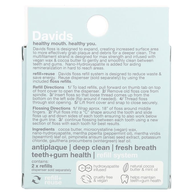Davids, fil dentaire allongé, recharge, menthe, 2 pièces. white