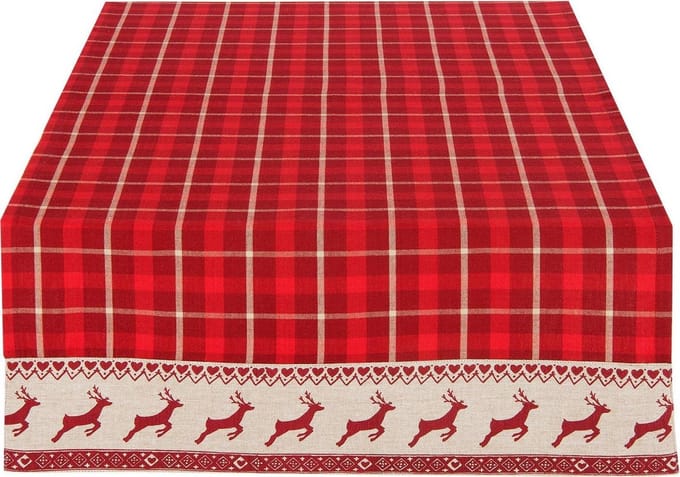 Clayre & Eef Tafelloper 50x140 cm Rood Beige Katoen Hert en Kerst