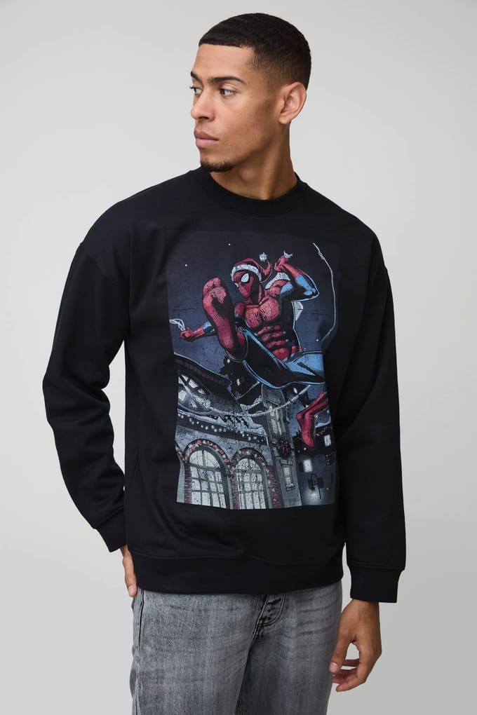 Oversized Spiderman Christmas License Print Sweatshirt | Black | Size Medium