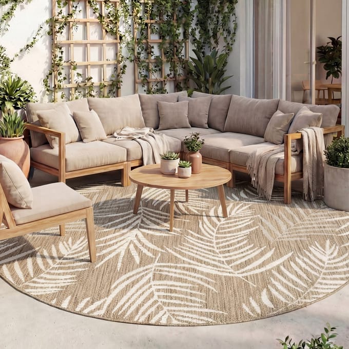Fraai Rond buitenkleed - Malta Leaves Naturel - Ø 100cm