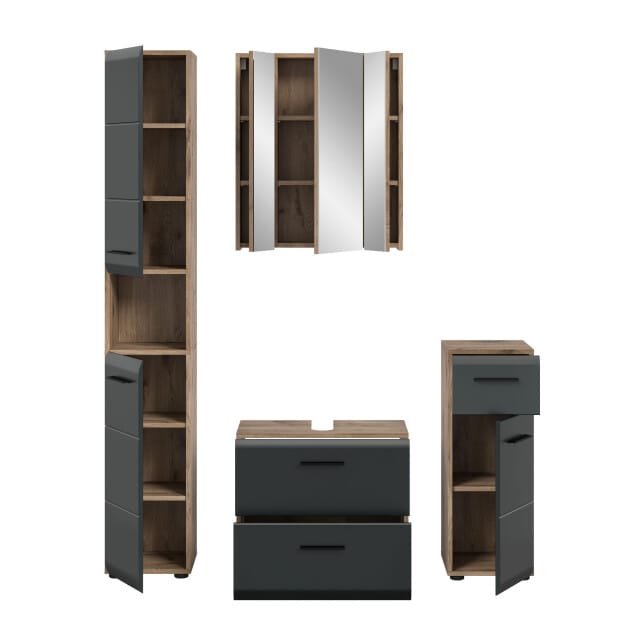 Moderne Badcombinatie Zwart-Wit Eik - 4-delige Set Met Spiegelkast - 150x185x30cm